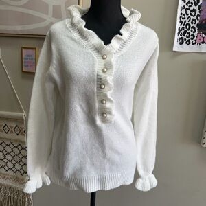 White Ruffled Button-Up Sweater